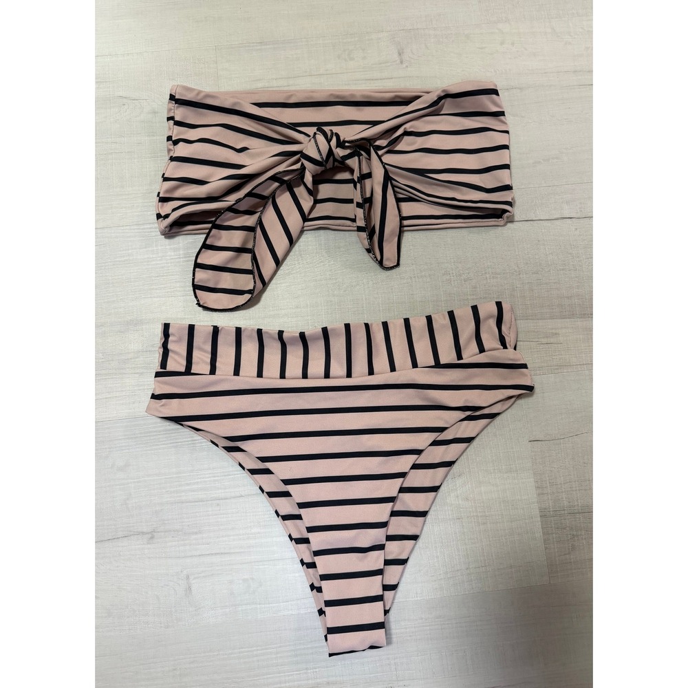Womens Striped Bikini Set Tan & Black Bandeau Tie Front High Cut Size Small